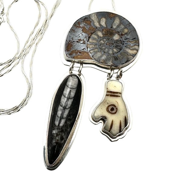 Artisan SW Sea Shell Ammonite Orthoceras Fossil Sterling Silver Pendant Necklace - Picture 1 of 4